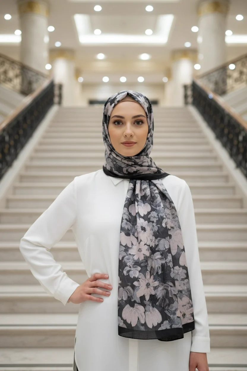 Flora Model Retro Desen Şal - Siyah Beyaz