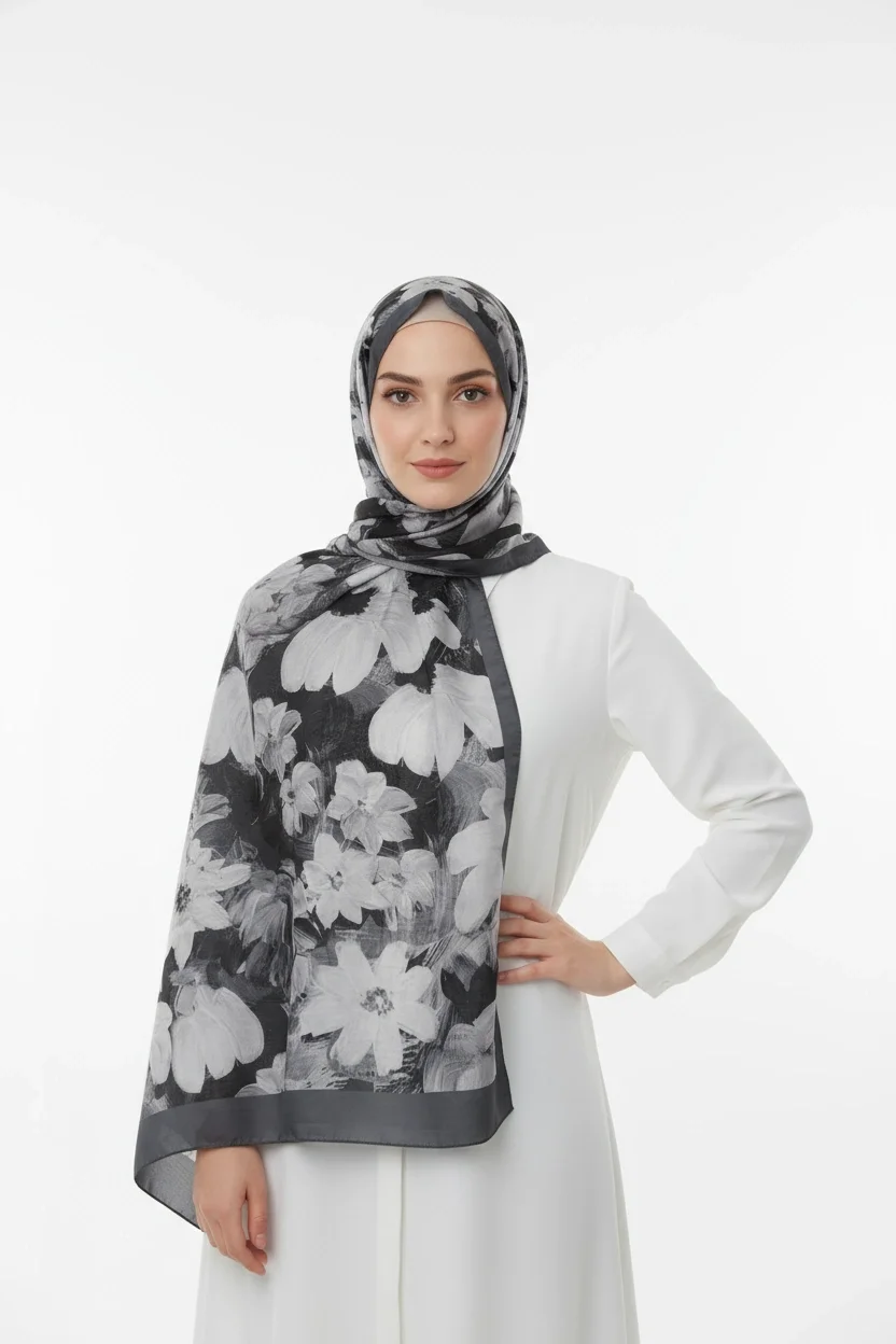 Flora Model Retro Desen Şal - Gri Siyah