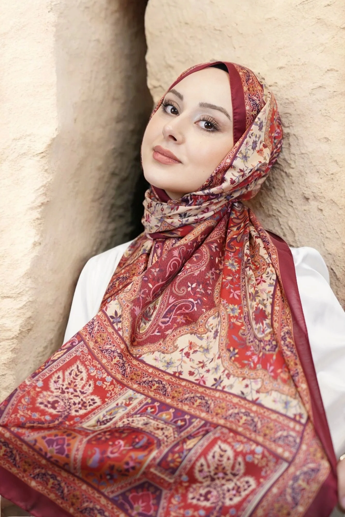 Kapadokya Model Retro Şal - Bordo Krem
