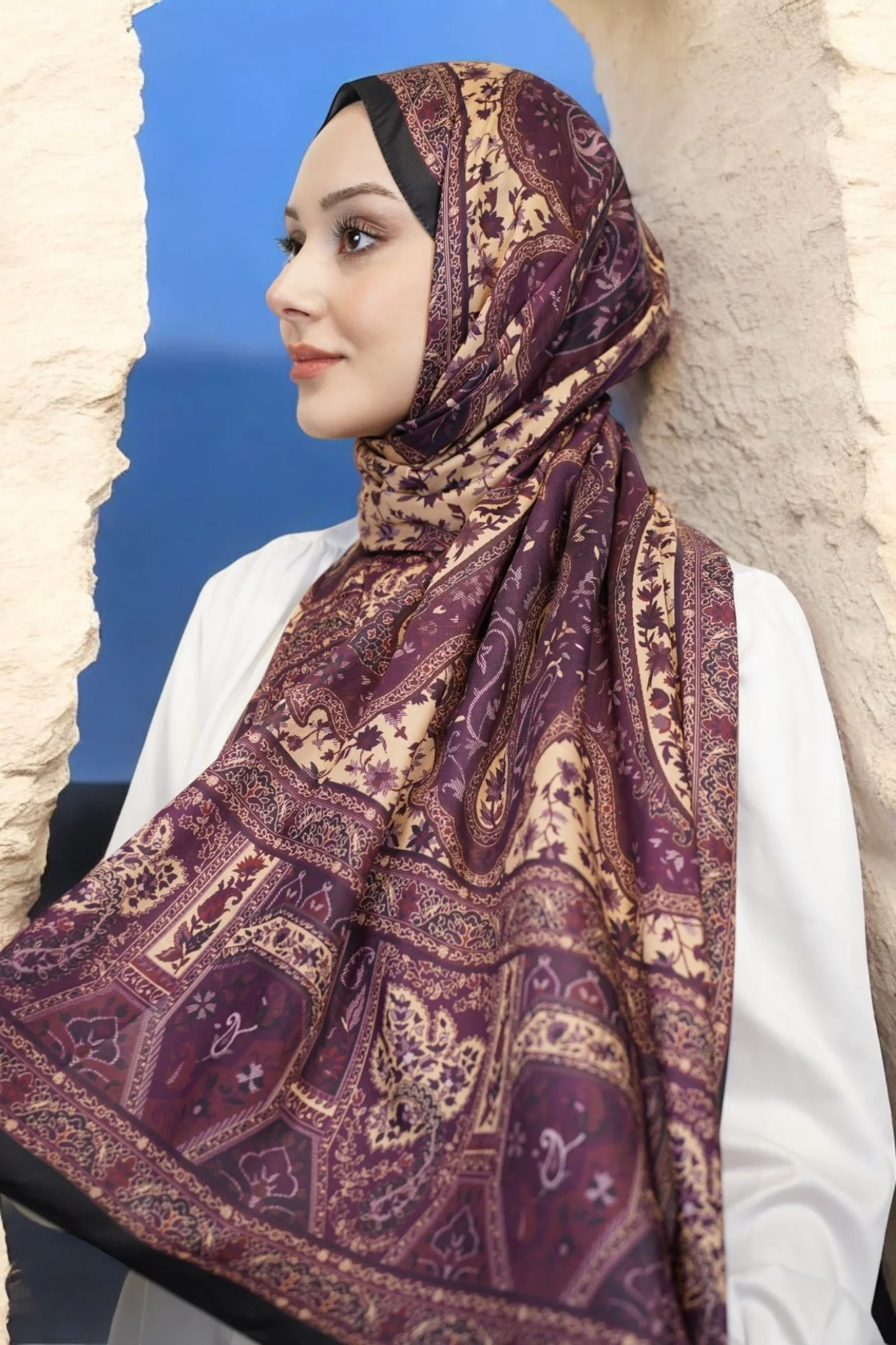 Kapadokya Model Retro Şal - Bordo Siyah